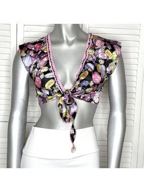 Chantal Thomass Victoria's Secret Candy Print Tie Front Crop Top S Black Pink